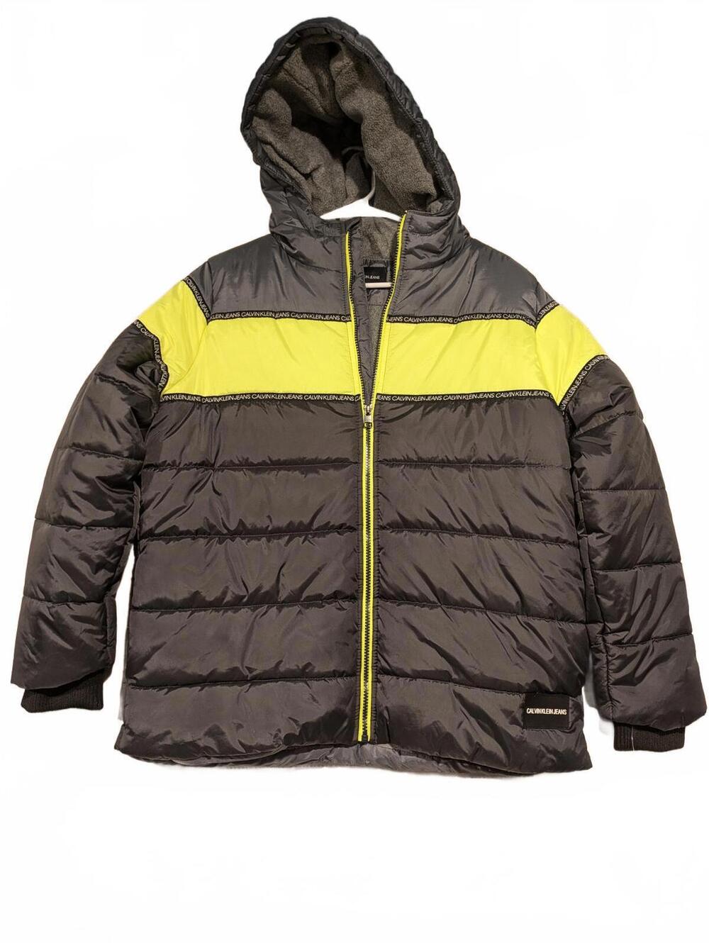 Calvin Klein Jeans Puffer Jacket Gray & Neon Yellow Kids Boys Size Large 14/16